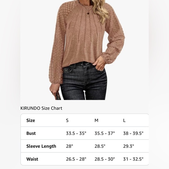KIRUNDO Womens Dressy Casual Lace Long Sleeve 2025 Spring Fall, Pleated Crewneck - Picture 8 of 8
